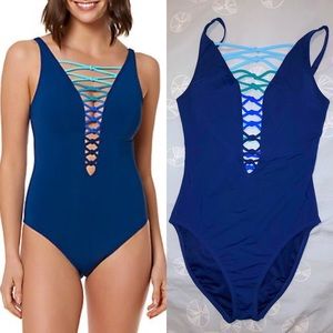 Bleu Rod Beattie navy lace swimsuit